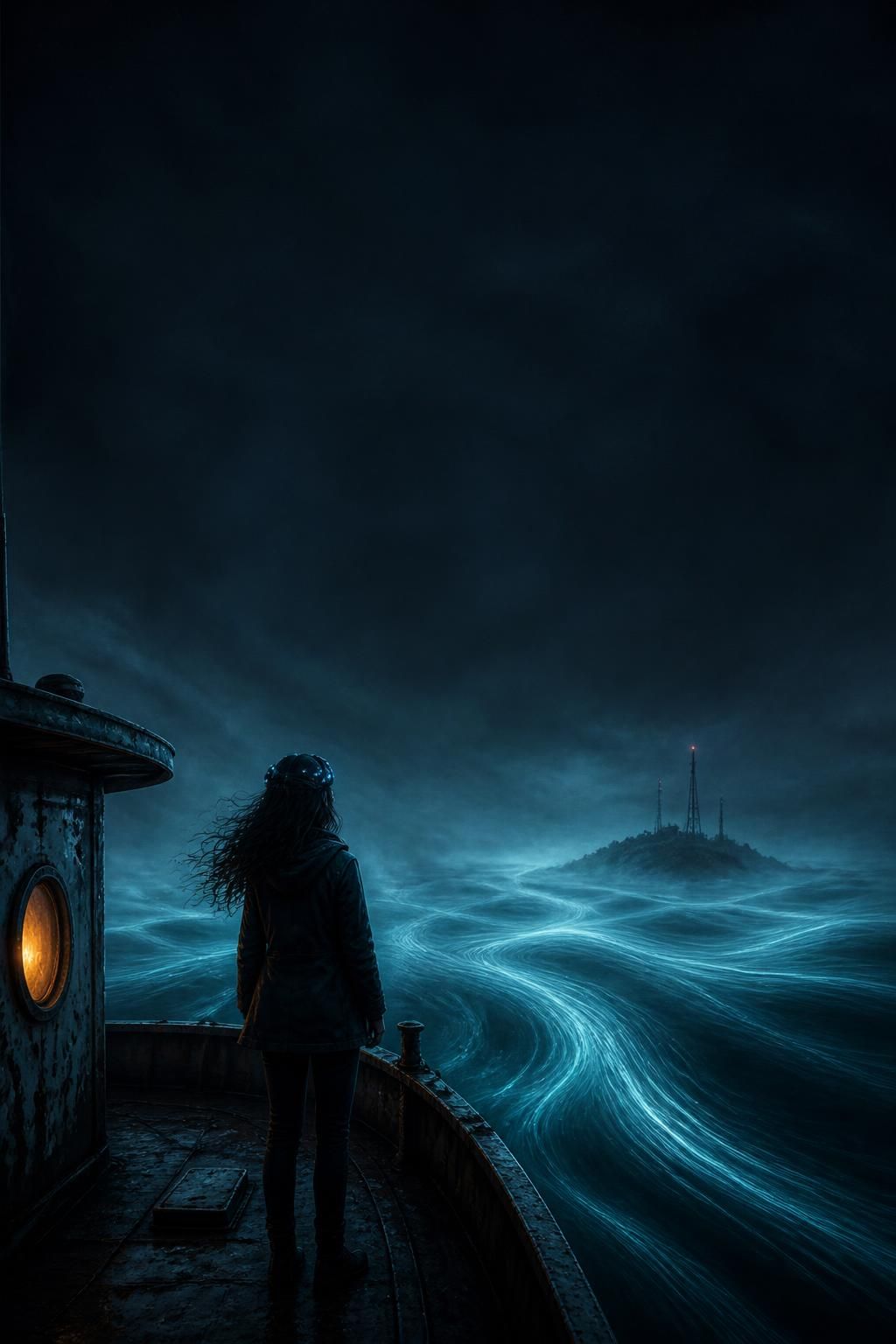 A girl stands on the deck of a houseboat at night, looking across glowing, swirling sea fog toward a rock with a red light on its tower.